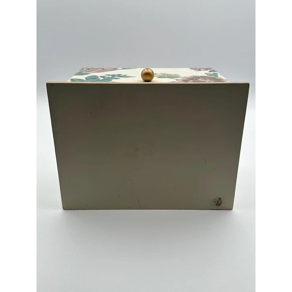 Vintage Floral Trinket Box Cream Jewelry Storage with Gold Base